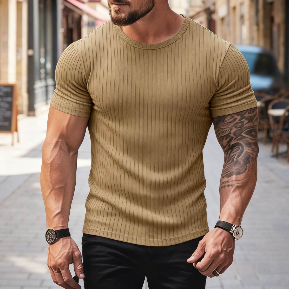 Mens Fitness-Style Casual Crew-Neck Stretch Short-Sleeve T-Shirt