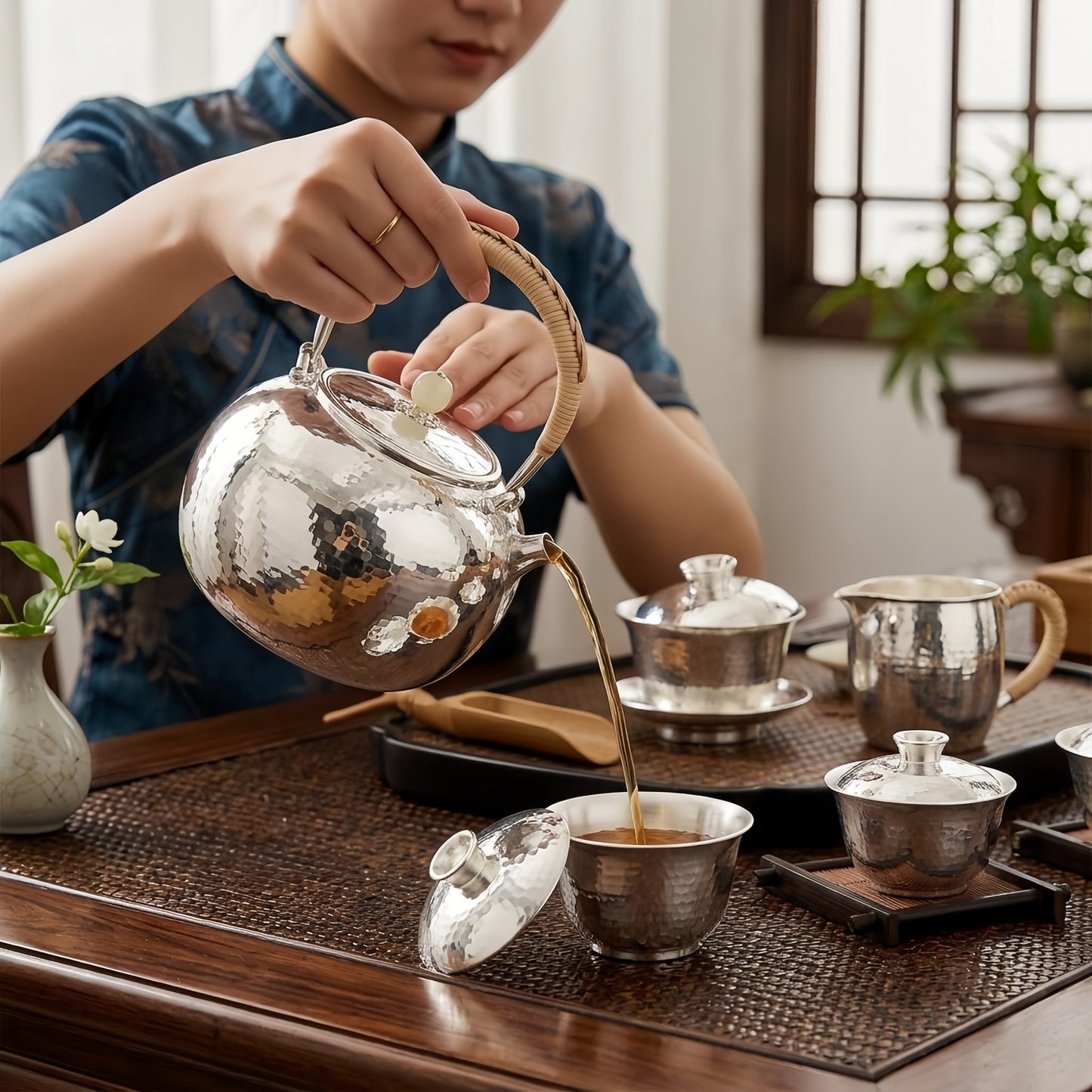 Pure 999 Fine Silver Elegant Hammered Silver Tea Kettle with Woven Rattan Handle and Jade Finial - Handicraft