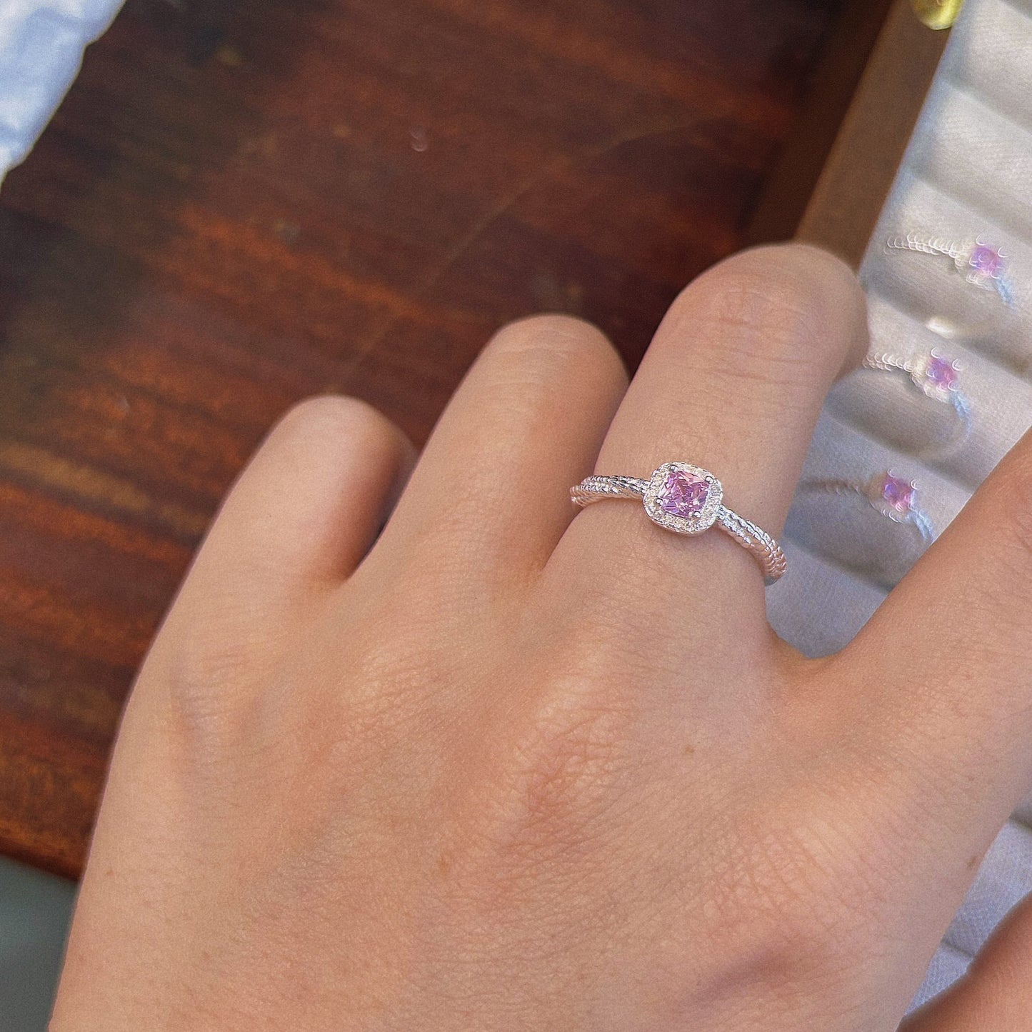1 Piece 999 Sterling Silver Pink Cushion Cut CZ Ring, Halo Pave Twisted Band Style, For Daily Wear & Valentine's Gifts