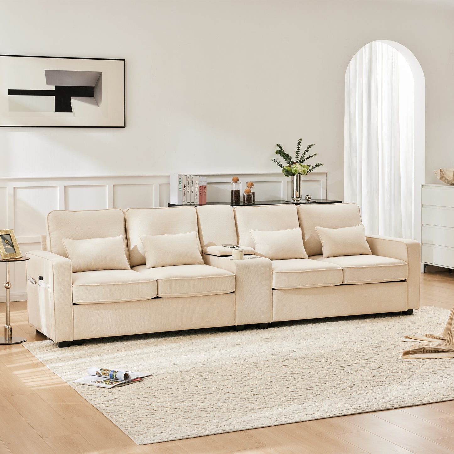 Modern 4 Seater Sofa In Linen Fabric With Console, 2 Cup Holders, 2 USB Ports For Charging With Cable, With Armrest Pockets And 4 Cushions, Simple Sofa For Living Room, Apartment, Office