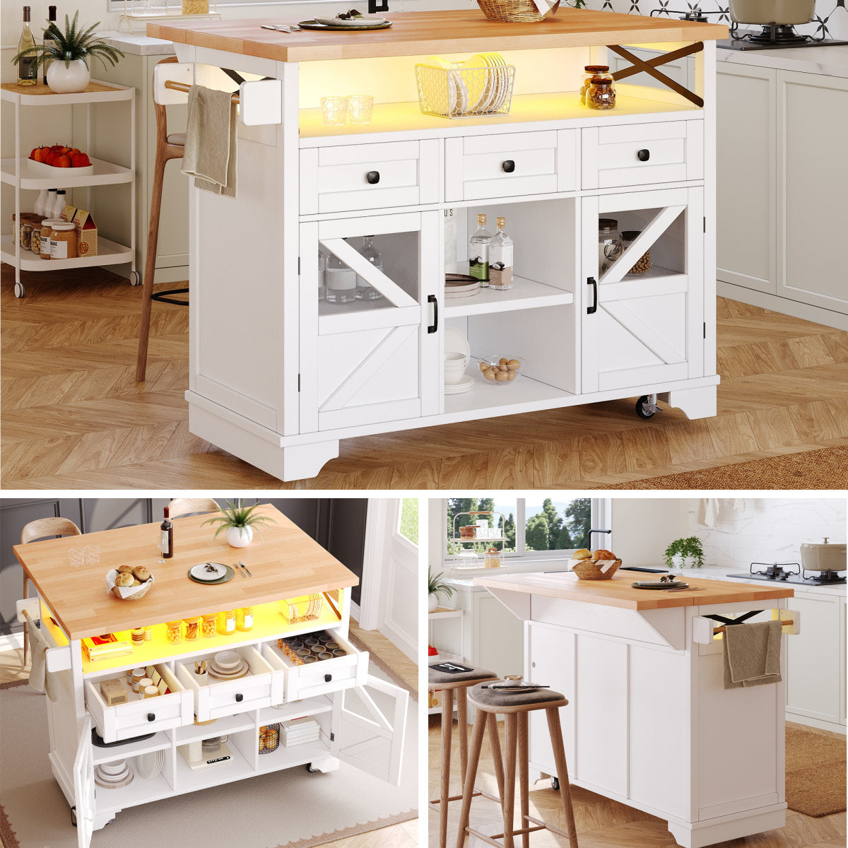 Multifunctional Mobile Kitchen Island Cart - With App-Controlled LED, Drop-Leaf Table, 3 Drawers & 2 Doors, Bar Sideboard With Storage