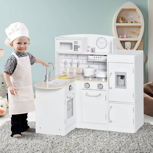 Corner Kids Kitchen Playset, Wooden Pretend Toy Kitchen Set with Drinking Fountain, Microwave, Fridge and Accessories, Pretend Play Kitchen for 3+ Years, White