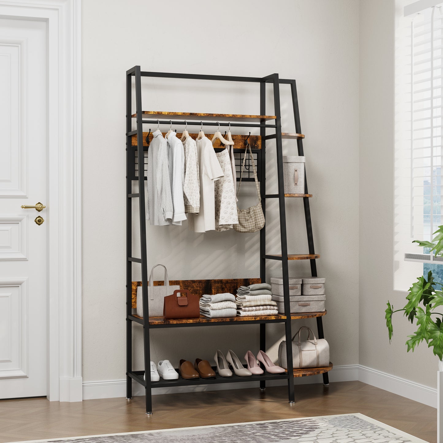 Industrial Style Freestanding Open Coat Rack With Shelves - Retro Brown Hanging Rack For Bedroom, Living Room & Home Office - Multi-Functional Clothes & Shoe Storage Organizer