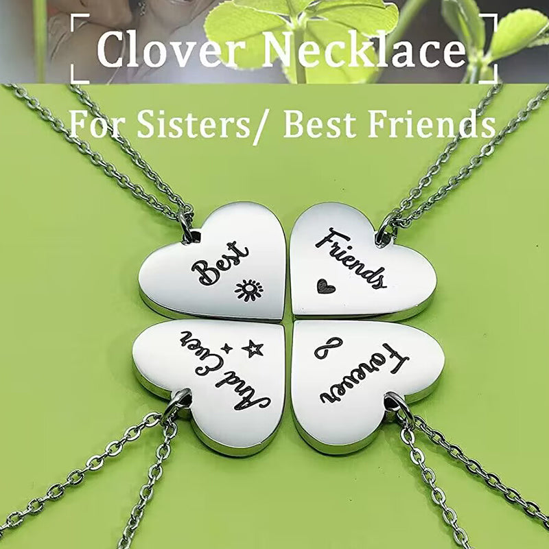 4 Pcs Set Heart Puzzle Four Leaf Clover Pendant Necklace Stainless Steel Best Friends Forever And Ever Necklaces BFF Jewelry