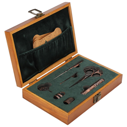 Vintage Embroidery Scissors Set Wooden Stainless Steel Sewing Box Scissors Kit Multifunctional Sewing Embroidery Tools Bronze