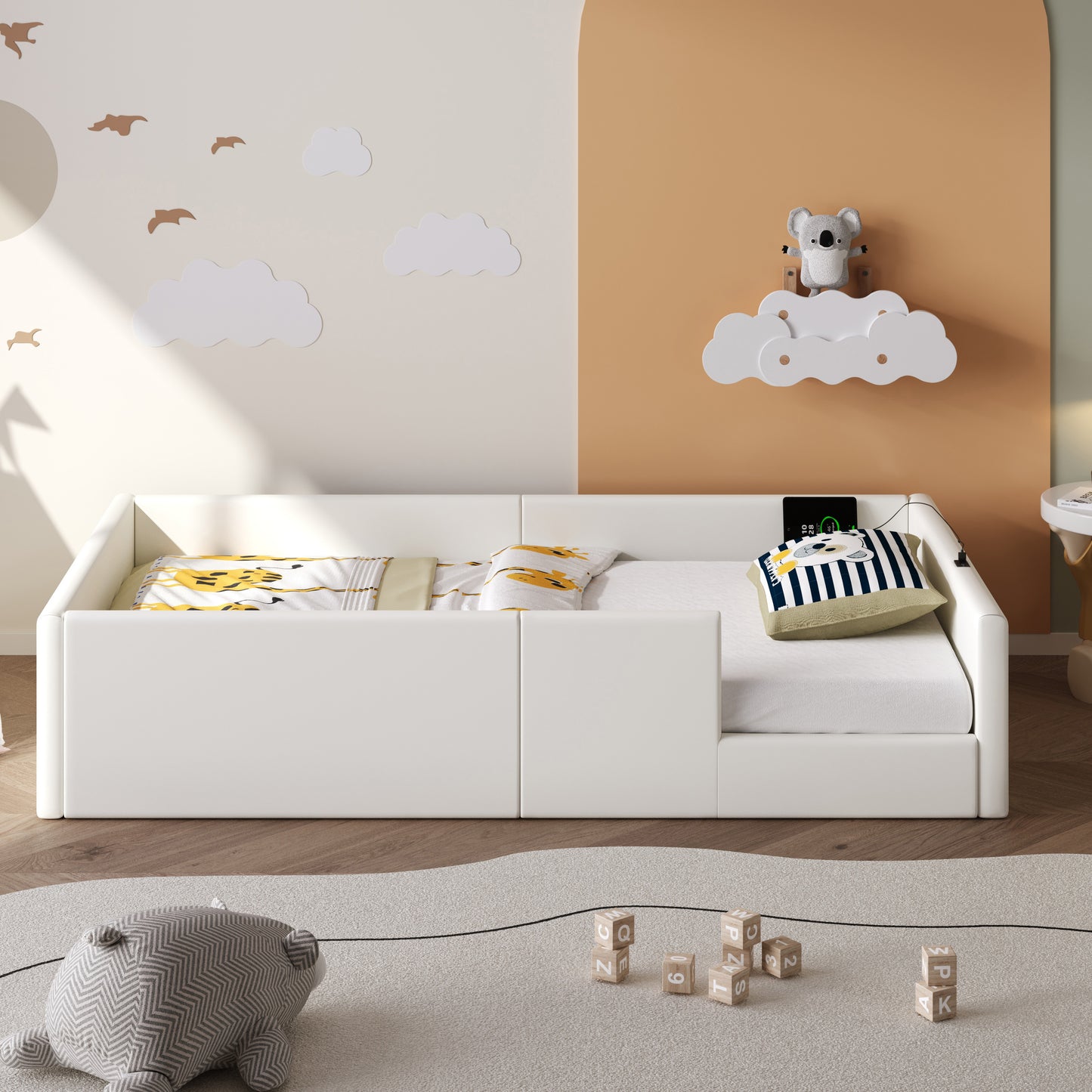 90X200 Upholstered Platform Bed With Guardrail And Charging Dock, White
