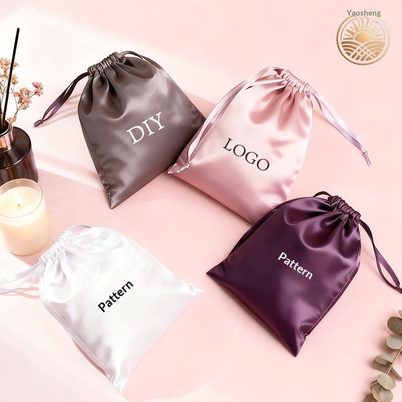 Satin Drawstring Pouch With Double Cords, Faux Silk Storage Bag