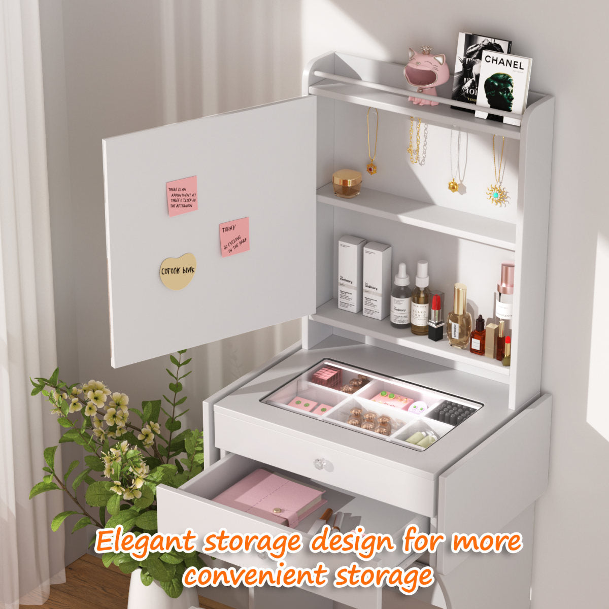 Vanity Set For Small Bedrooms - Small Space Makeup Vanity With Stool, Compartmentalized Drawers & 20cm Foldable Side Tables  Left And Right