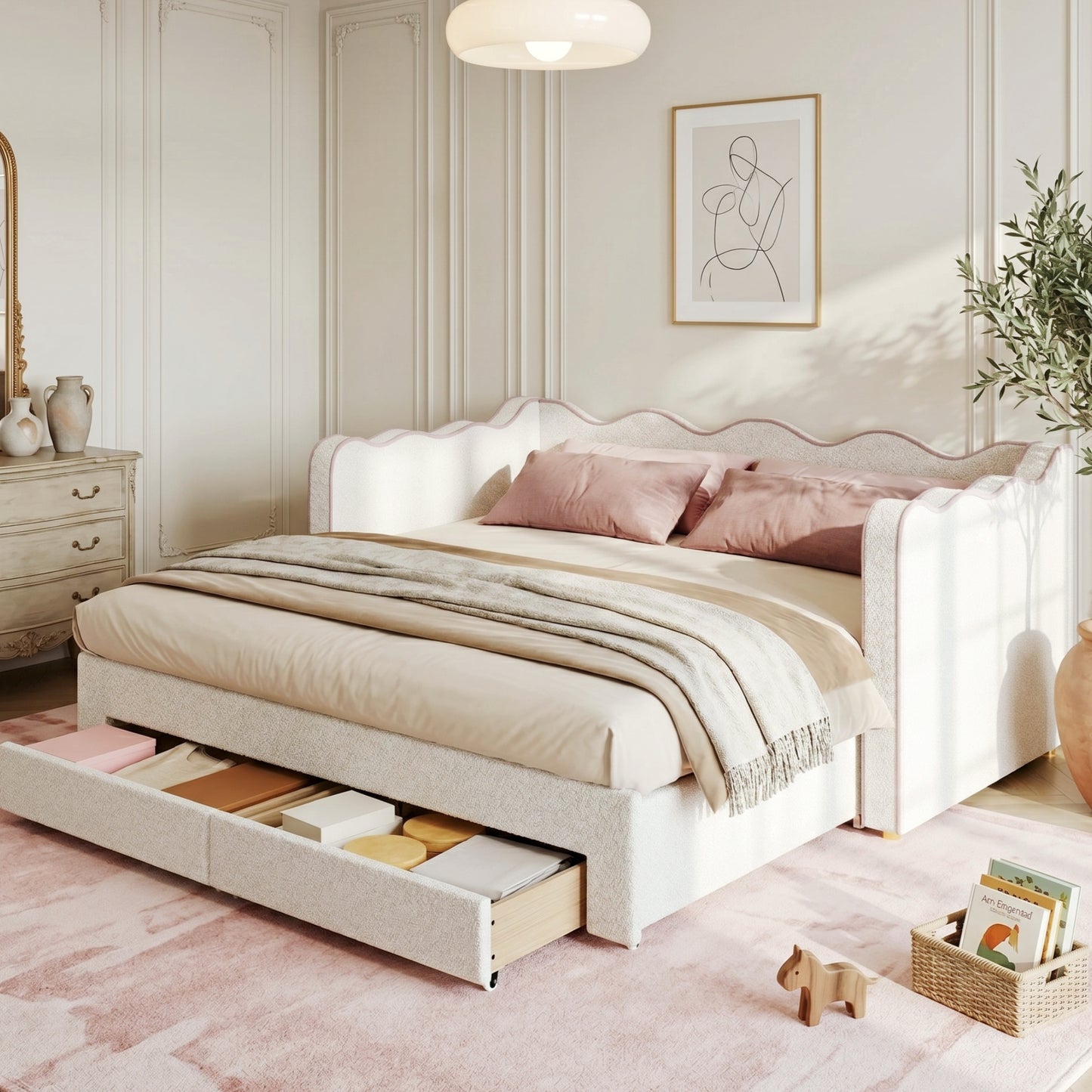 Daybed Sofa Bed With Pull-Out Trundle, Upholstered Single Bed 90 X 190 Cm Extends To 180 Cm, With 2 Storage Drawers, USB Charging Port & Padded Side Panels, Boucle, Beige