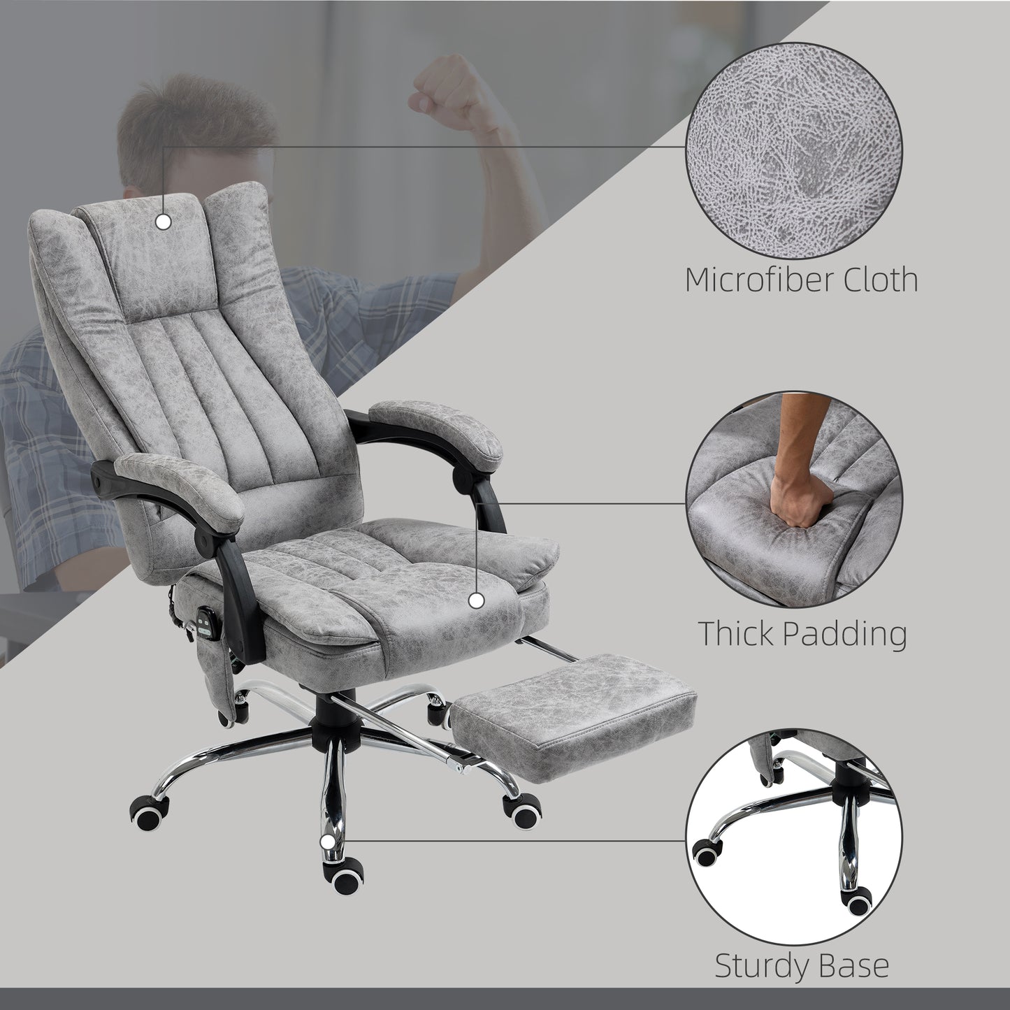 Massage Office Chair with 6 Points and Heat, Reclining Computer Chair with Adjustable Height and Footrest, Gray