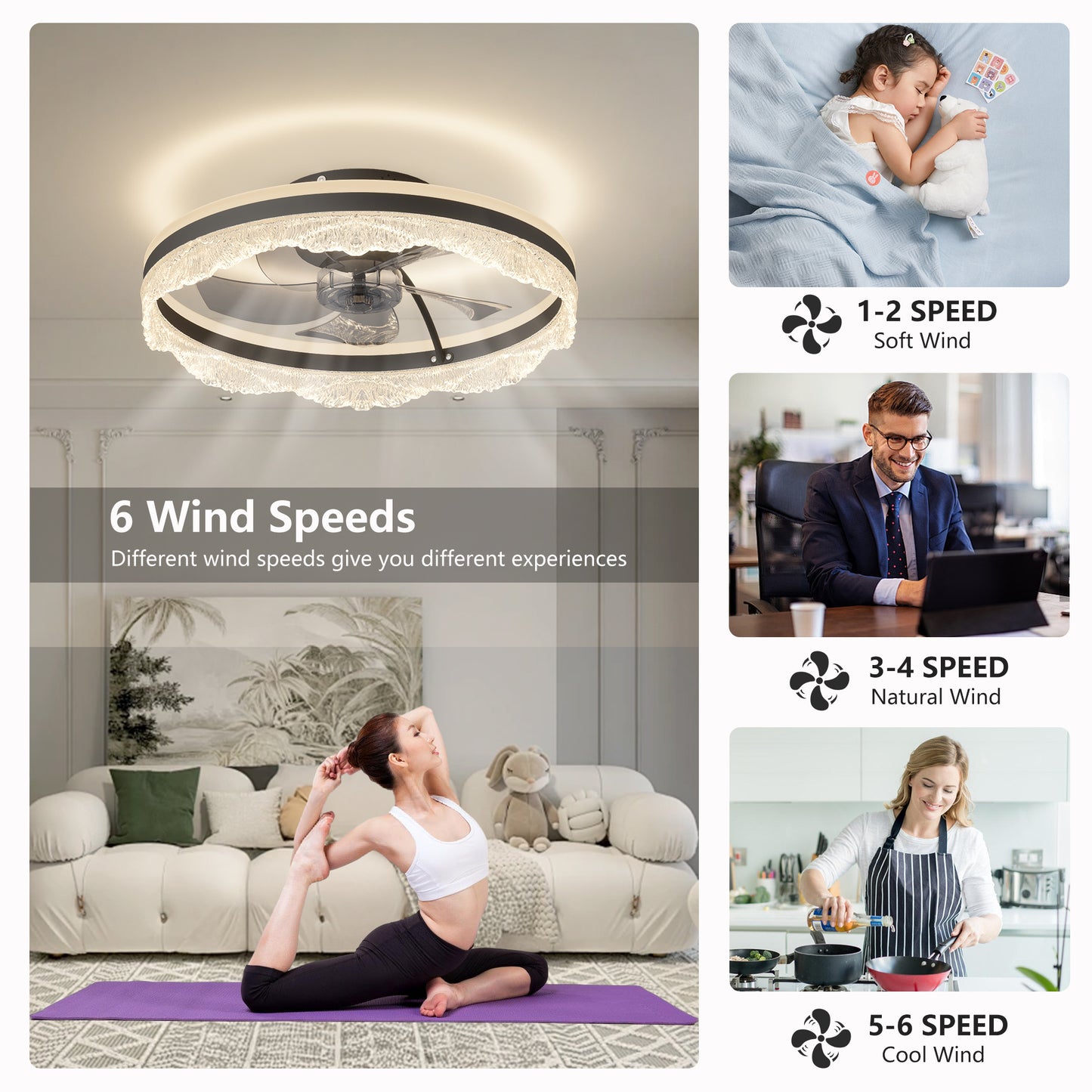 20 Smart Silent Ceiling Fan With Light  Crystal Flush Mount LED Fan Lamp With Hidden Blades And Natural Airflow System, Designed For Bedroom, Kids' Room And Study