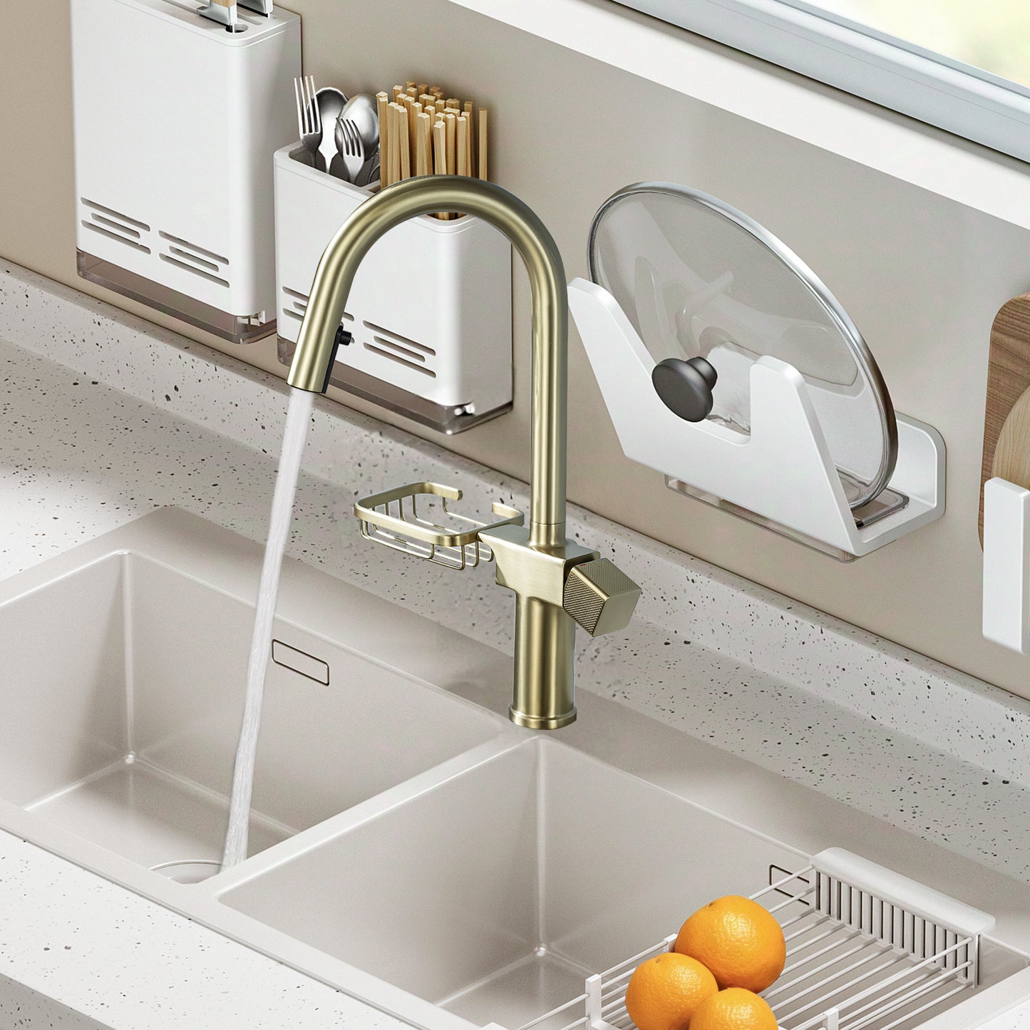 High Arc Pull-Down Kitchen Faucet - Single Hole Stainless Steel, Modern Sink Faucet  Brushed Gold
