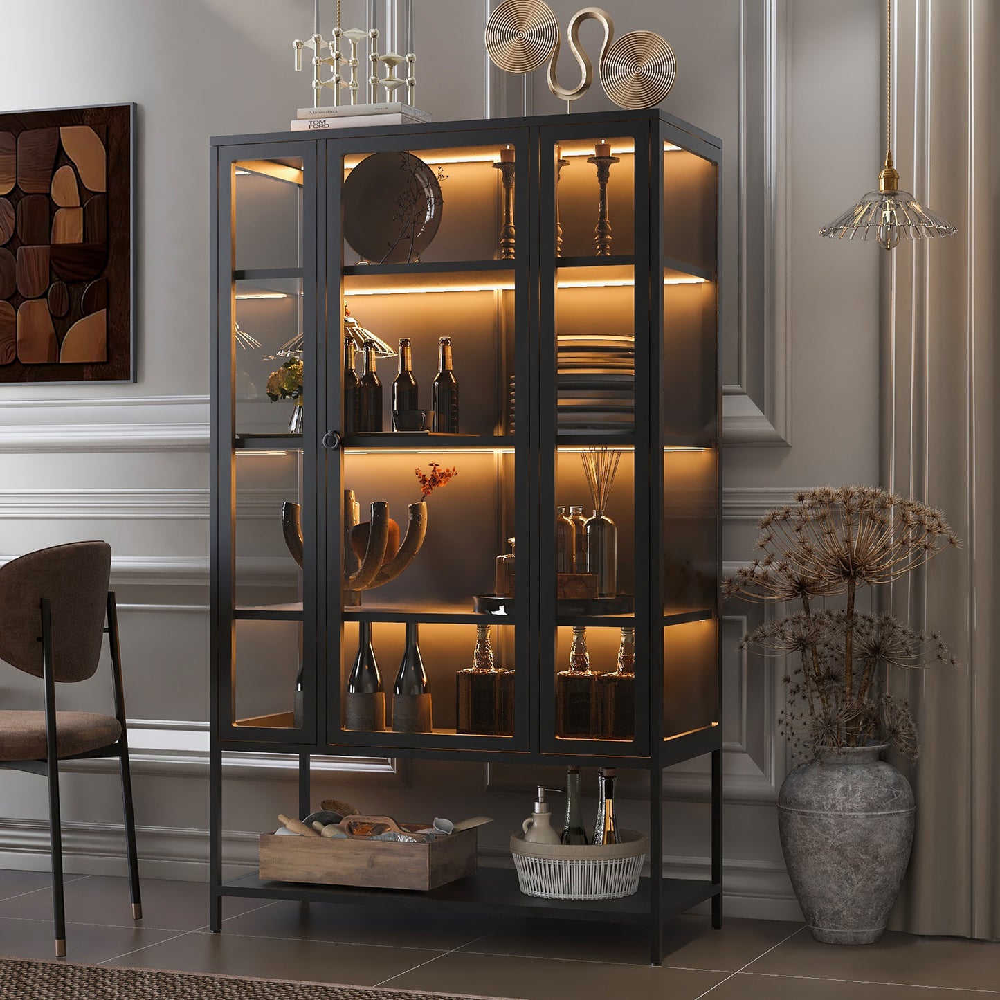 67.25  Tall Iron Display Cabinet With Glass Door And LED Lights Steel Curio Cabinet For Collectibles Figures Trophies 3-Sided Glass Display Case For Home Office Study Room Stores Playroom - Black