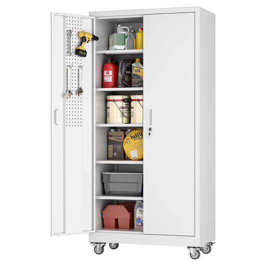 Aobabo Metal Storage Cabinet With Wheels, Steel Locking Cabinet With Pegboard Doors, Garage Cabinet For Office Pantry, 5 Adjustable Shelves White