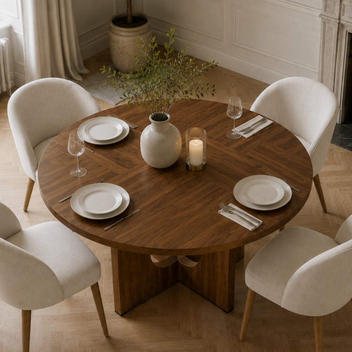 47  Round Dining Table For 4-6, 120 X 120 Cm Farmhouse Wood Kitchen Table, Round Table For Home Dining Room Living Room, Walnut Color  Only Table
