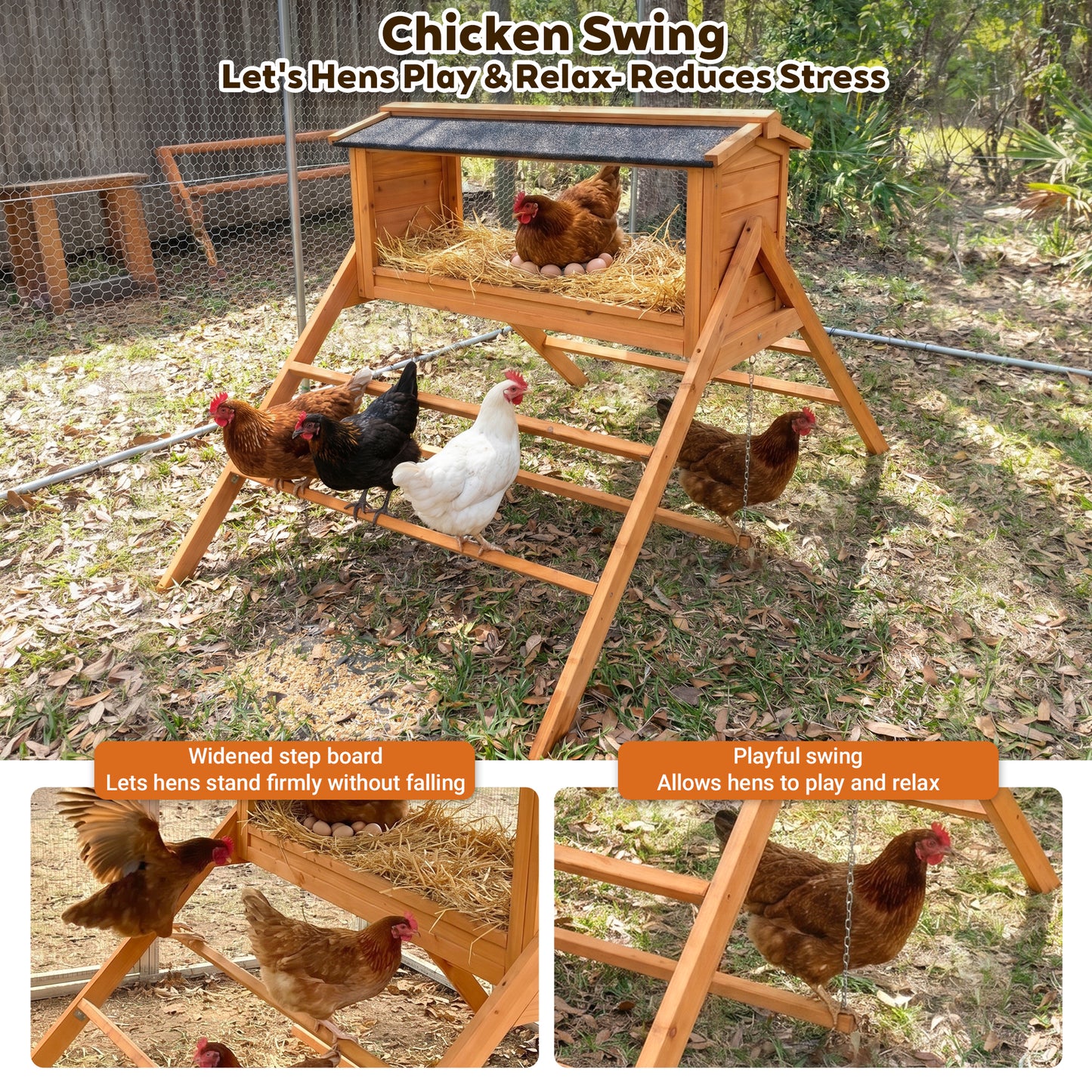 Chicken Nesting Box With Asphalt Roofing, Chicken Perch For Coop, Nesting Boxes With Chicken Swing, Chicken Coop Accessories For Hens Or Chickens