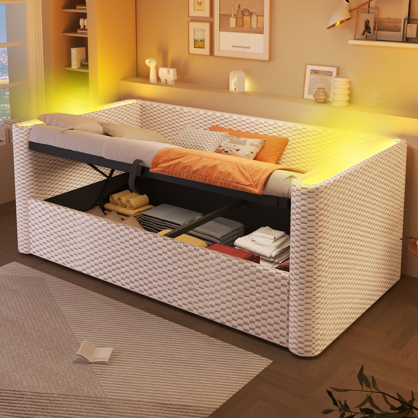 Daybed, Daybed, Sofa Bed, 90 X 200 Cm, With LED Lighting, With Hydraulic Storage Mechanism, Slatted Base  Without Mattress , Velvet, Beige