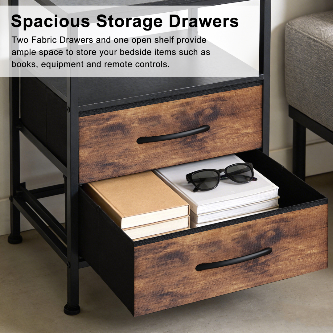 A Small Bedside Table With A Charging Station And Two Fabric Drawers, And A Side Bedside Table