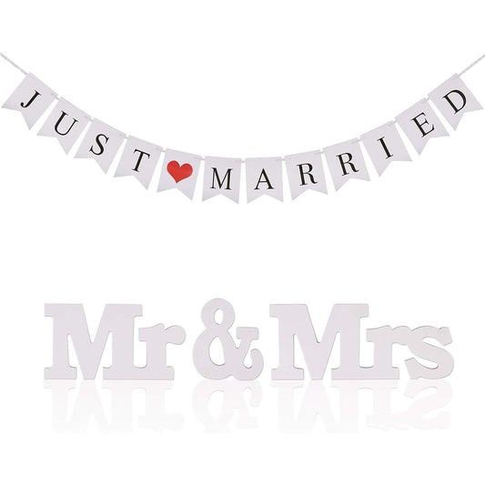Mr & Mrs Letter Signs Wedding Table Decoration With “Just Married” Banner, Paper Garland, Vintage/Rustic Wedding Decor, Mr & Mrs Photo Props, Bridal Shower, Car Decor