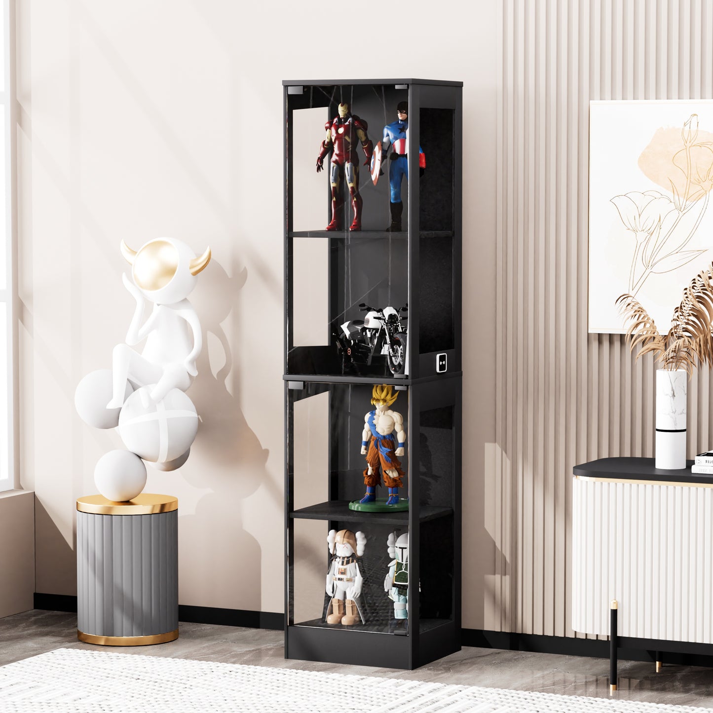 Four-storey Glass Display Case With Storage Space, LED Lighting, Glass Doors And Smart Sensors. Suitable As A Dustproof Glass Cabinet For Living Rooms, Bedrooms And Offices. Black.40x35x165cm