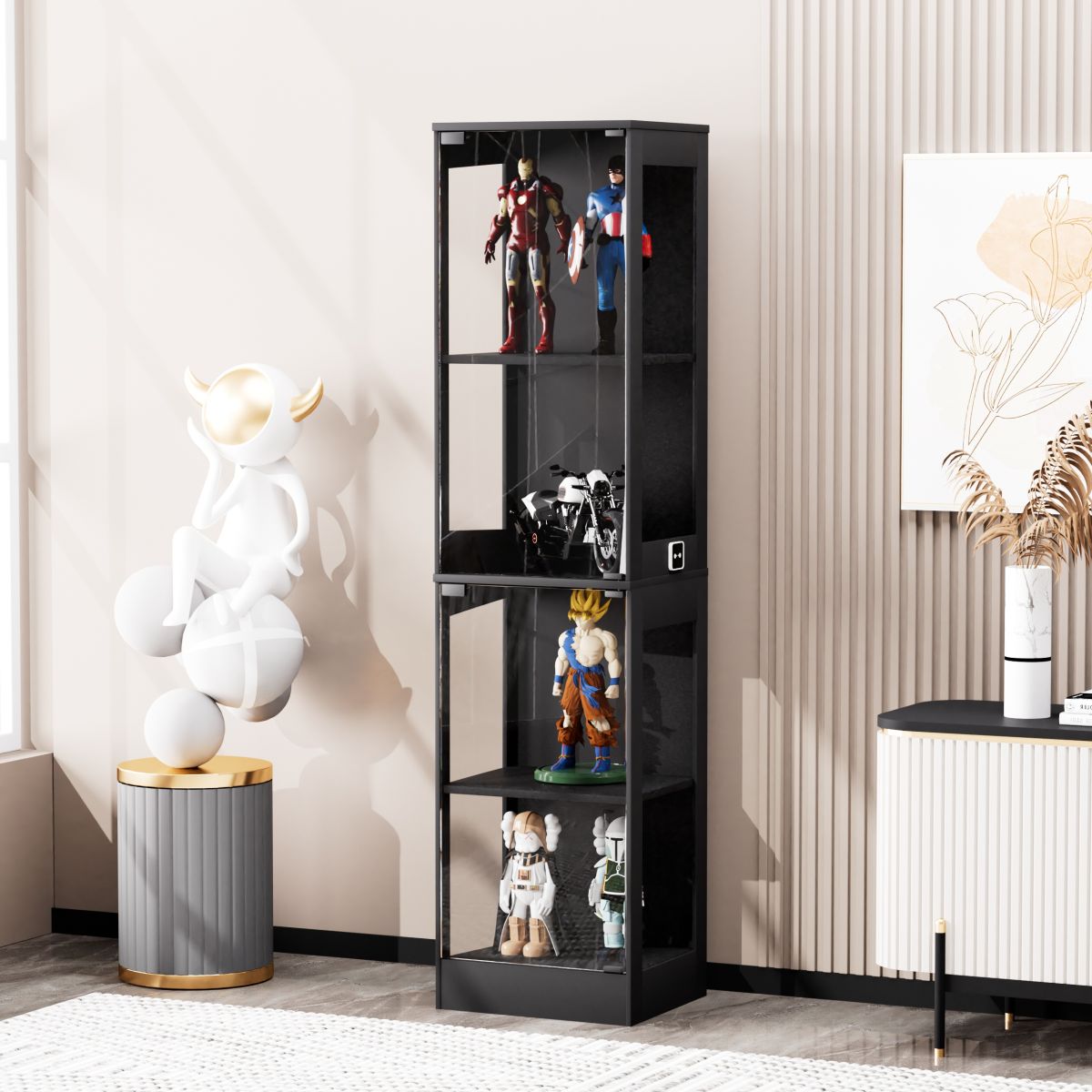 Four-storey Glass Display Case With Storage Space, LED Lighting, Glass Doors And Smart Sensors. Suitable As A Dustproof Glass Cabinet For Living Rooms, Bedrooms And Offices. Black.40x35x165cm