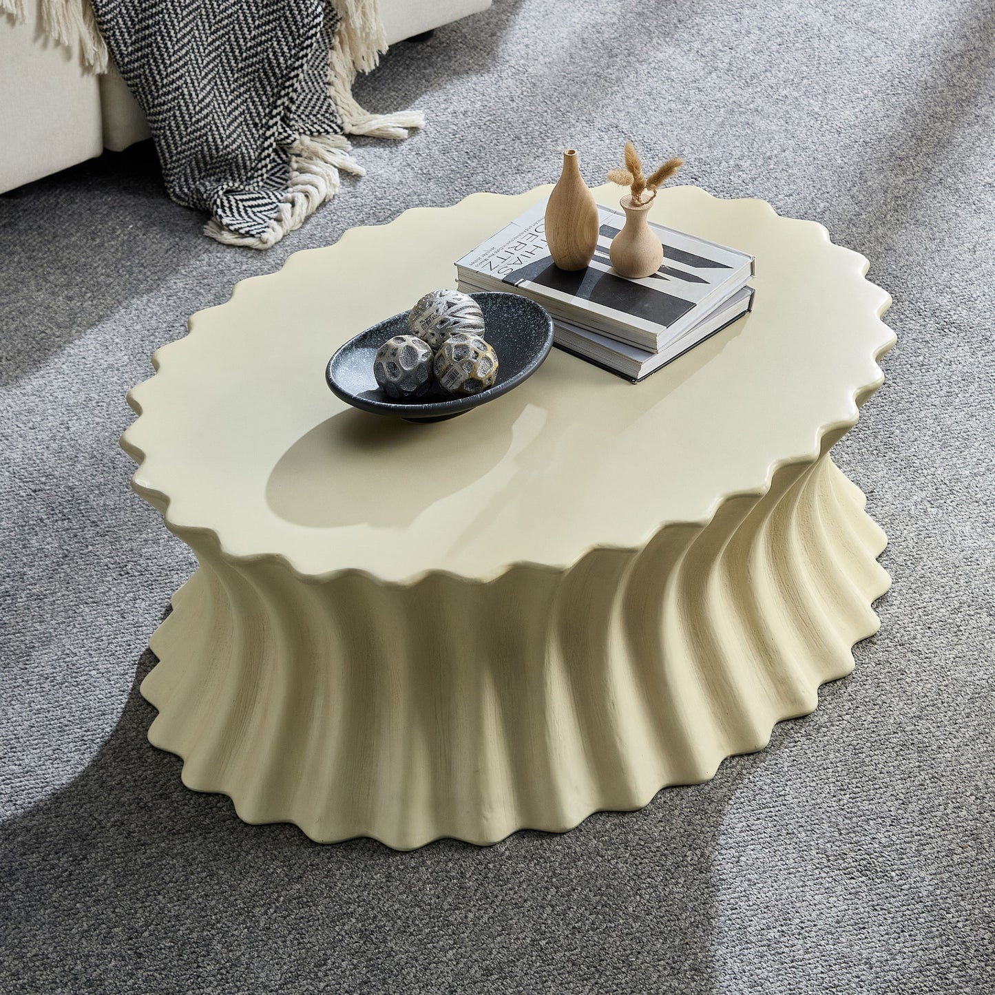 35.04 Inch Oval Coffee Table Vintage Sturdy Fiberglass Table For Living Room Apartment Office No Need Assembly Beige