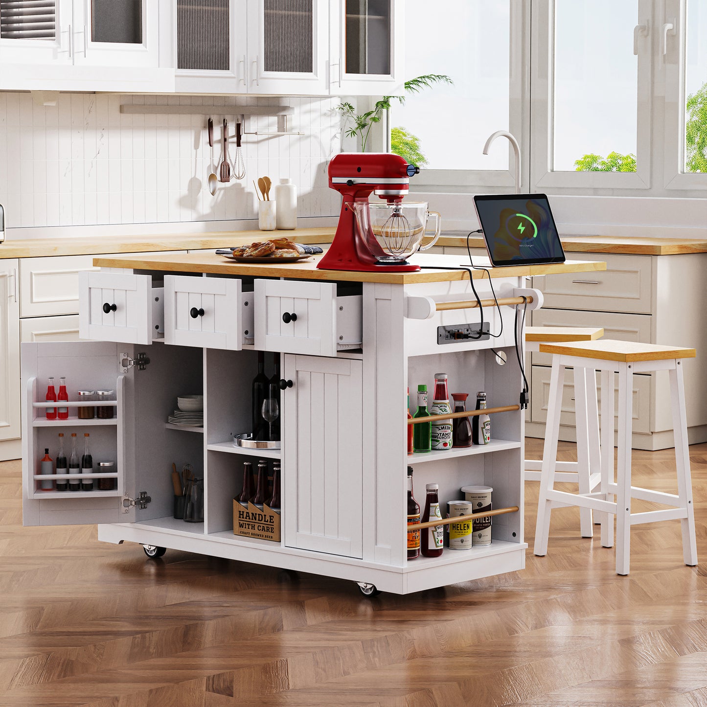 K&K 53inch Large Kitchen Island With Drop Leaf,Power Outlet,Door Internal Storage Rack,Rolling Kitchen Cart On 5 Wheels With 5 Open Side Racks For Kitchen,White  Two Packages  Stools Not Included
