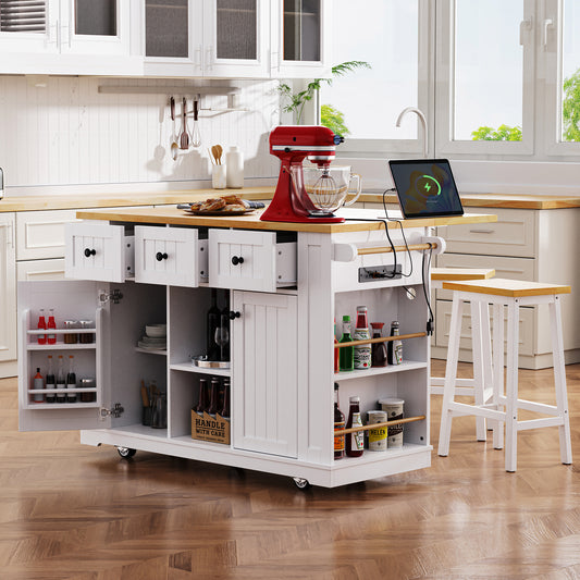 K&K 53inch Large Kitchen Island With 2 Bar Stools, Power Outlet,Door Internal Storage Rack, Kitchen Storage Cart On 5 Wheels With Drop Leaf, 5 Open Side Racks, 3 Drawers,White Three Packages