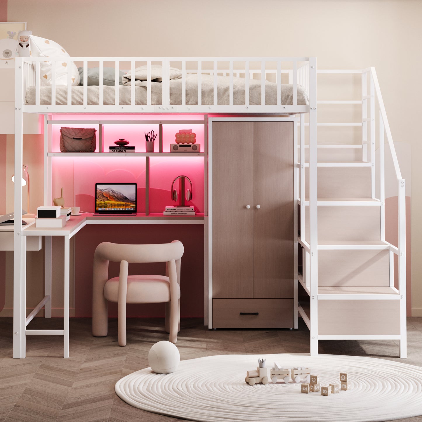 Metal Loft Bed 140 X 200 Cm With Desk, Shelf, Wardrobe And Drawers, With Storage Ladder And Safety Railing, Complete With Charging Socket And LED Lighting, Metal Frame, White