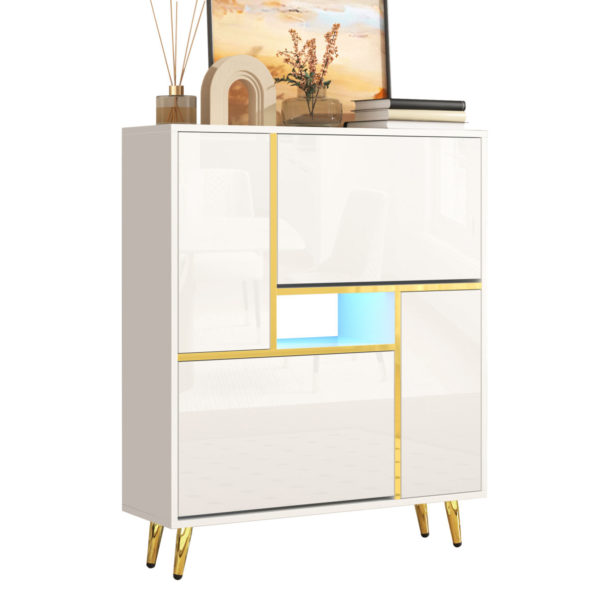Modern Shoe Cabinet, White Shoe Cabinet With High-gloss Front And 16-colour LED Light  80 X 25 X 96 Cm