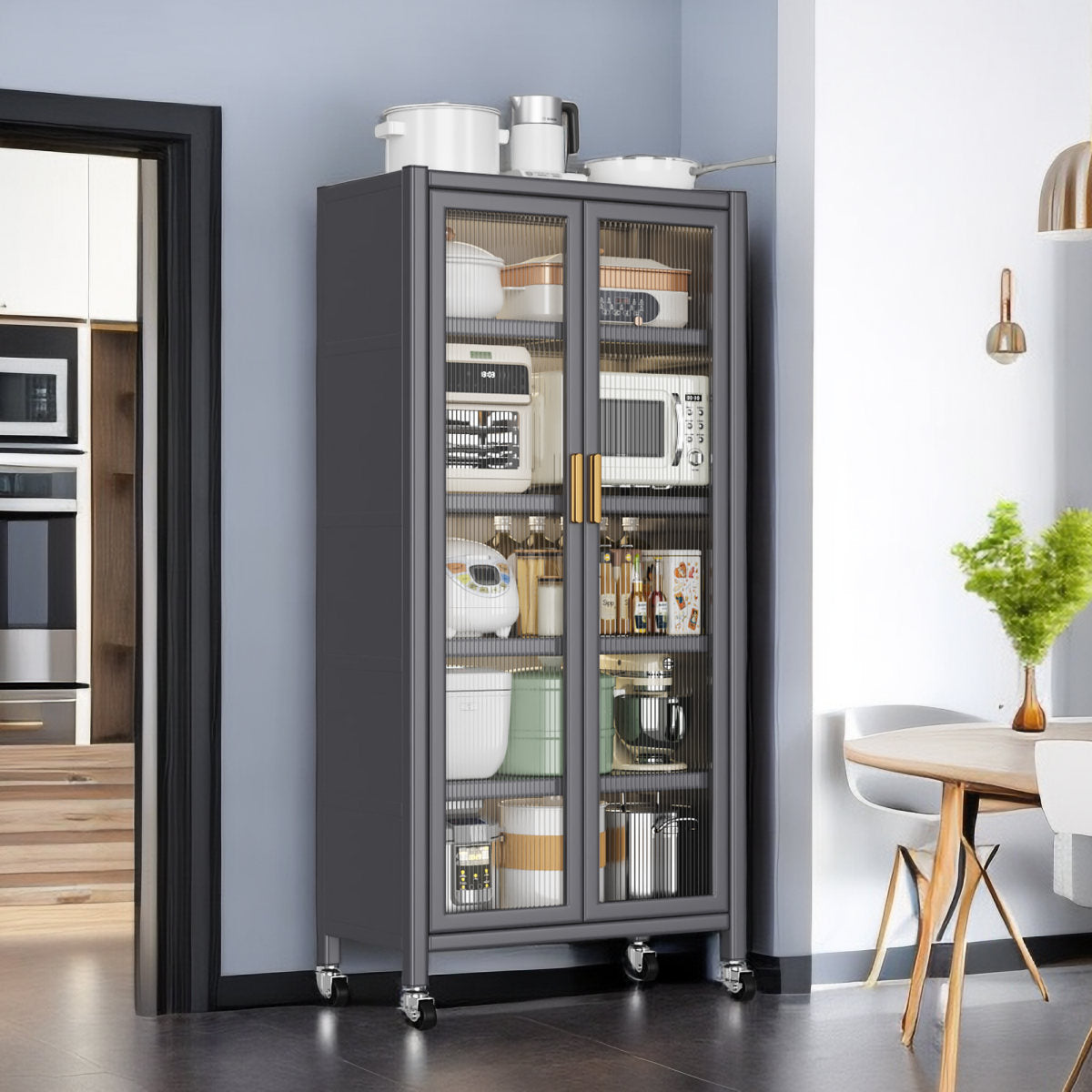 Grey Open Kitchen Storage Cabinet, Floor-to-Ceiling Multilevel Microwave Shelving Unit & Side Cabinet For Bowls, Grey