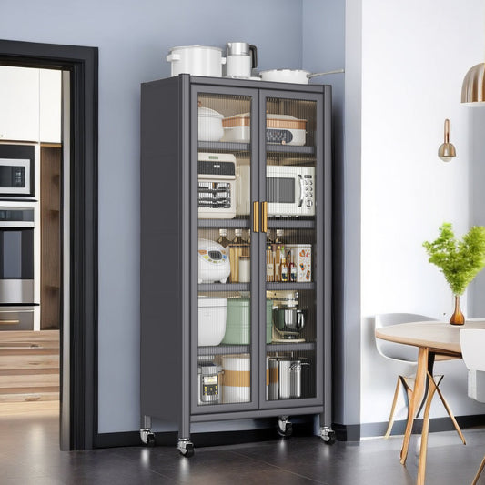 Grey Open Kitchen Storage Cabinet, Floor-to-Ceiling Multilevel Microwave Shelving Unit & Side Cabinet For Bowls, Grey