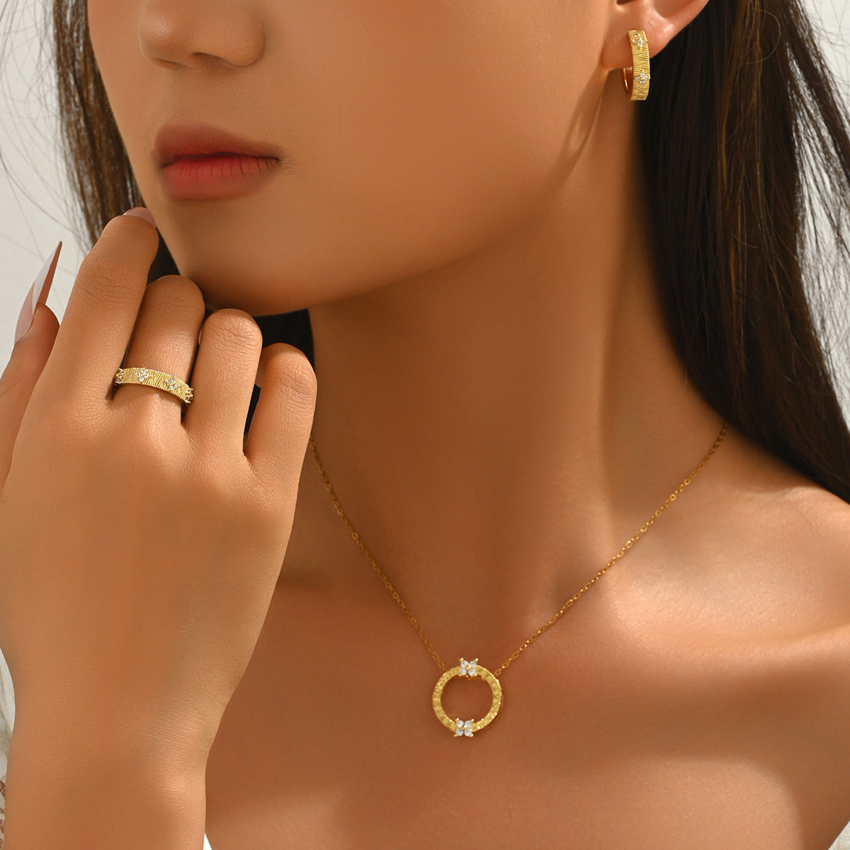Women Forest Style Korean Jewelry Set, Geometric Round Inlaid Cubic Zirconia Necklace Earrings Ring, Versatile Daily Accessories