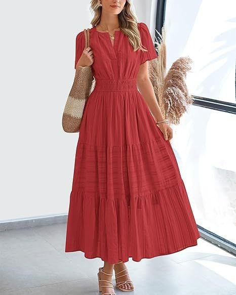 Spring Summer New Arrival Women's Dress, Fashion V-Neck Ruched Puff Sleeve Tiered Swing Dress