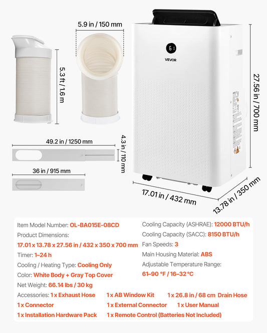 Portable Air Conditioner, 12000 BTU ASHRAE (8150 BTU SACC) 4-in-1 Standing Cooling Ac Unit, LED Touch Panel & Remote Control, 24h Timer, Cooling, Dehumidifier, Fan, Sleep Mode For Room Indoor