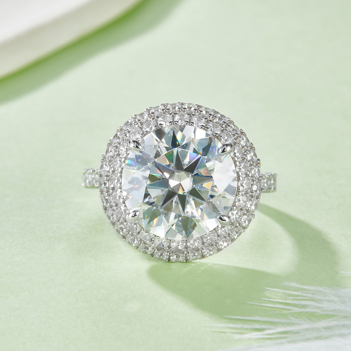S925 Sterling Silver 8ct Moissanite Ring, 13mm D-VVS1 Double Halo Pave Band, Platinum Plated US Sizes 5-9 GRA Gift Box