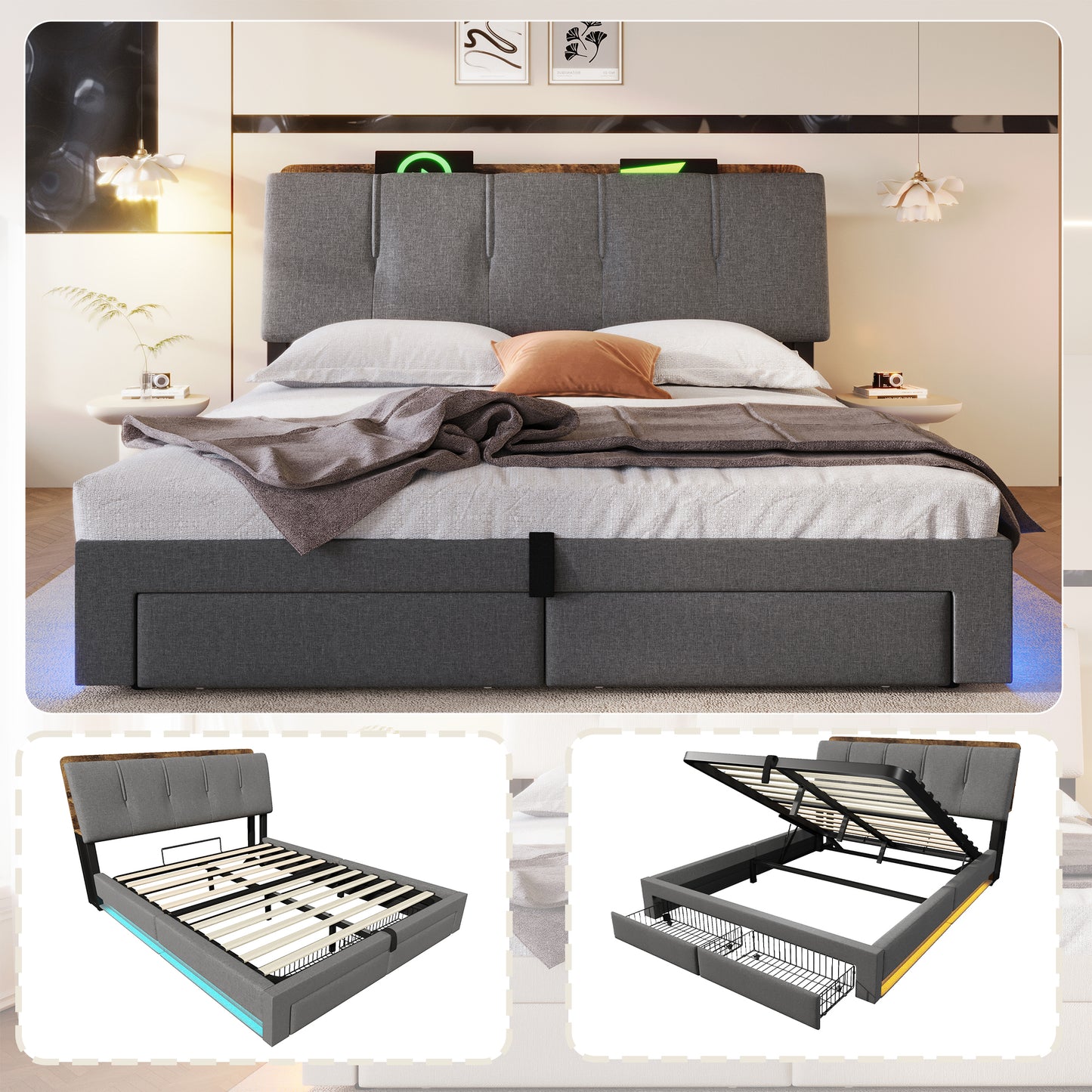 Upholstered Bed , 140x200 Cm, Hydraulic Storage, With USB Type-C Charging Function,Without Mattress,Multifunctional Storage, LED Lighting, Push-button Appdien, Linen, Grey