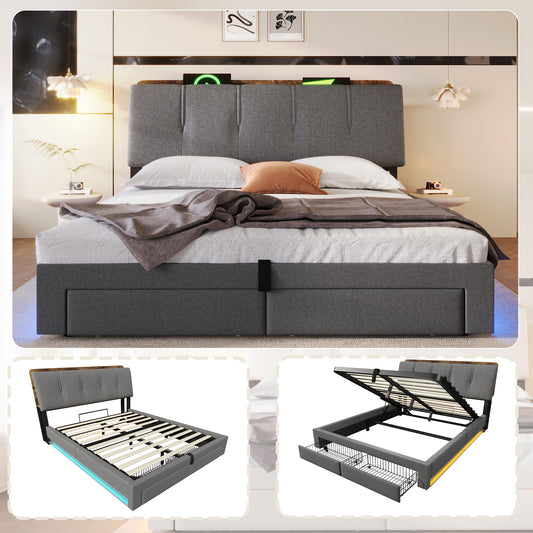 Upholstered Bed , 140x200 Cm, Hydraulic Storage, With USB Type-C Charging Function,Without Mattress,Multifunctional Storage, LED Lighting, Push-button Appdien, Linen, Grey