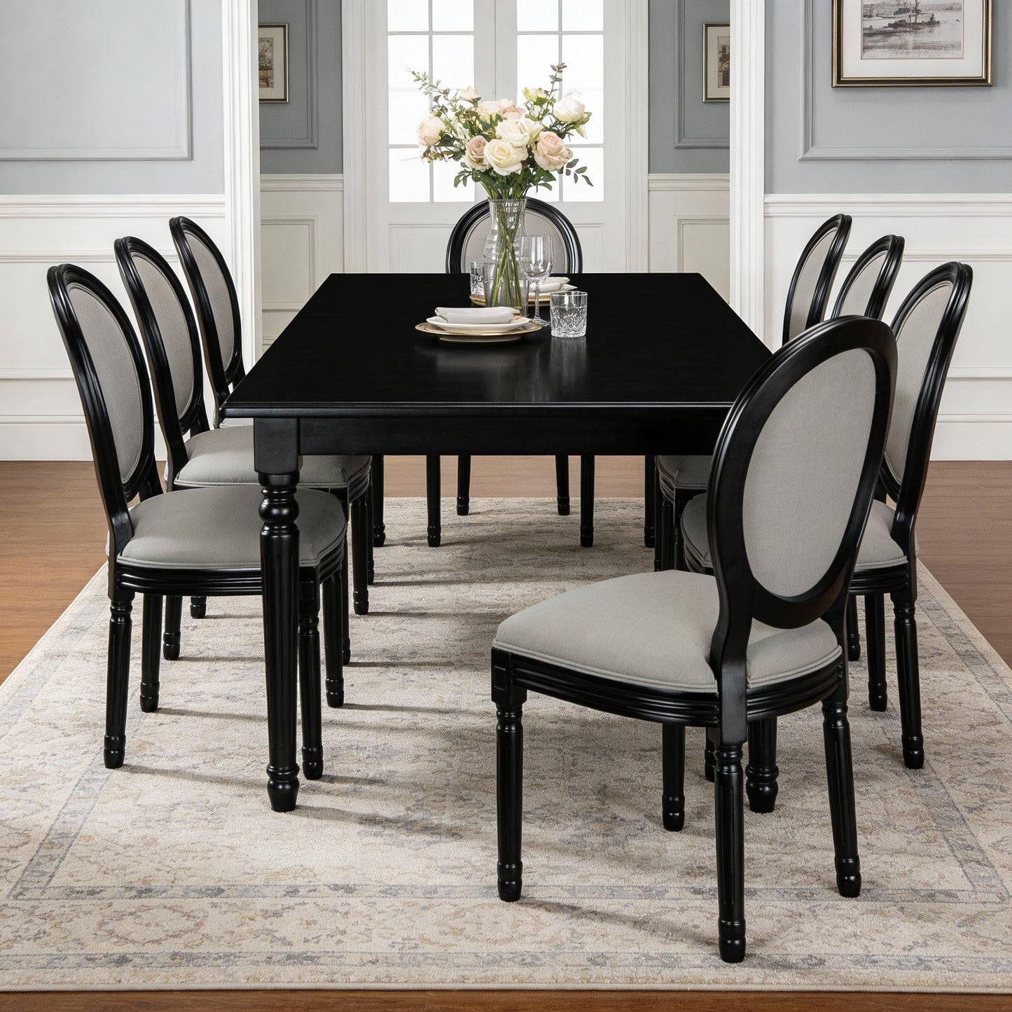 French Country Dining Chairs Set Of 2, Upholstered Chairs With Sponge Round Back , For Living Room, Kitchen , Restaurant Use, Black Solid Wood Frame,Light  Grey Fabric