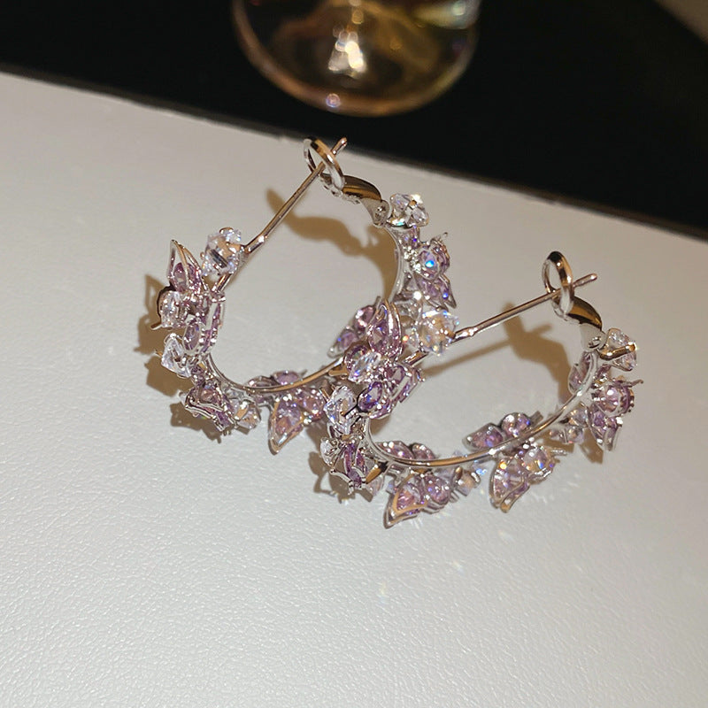 Korean Versatile Crystal Earrings For Women Purple Flower Rhinestone Luxury