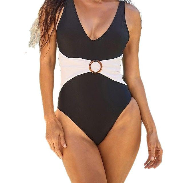 Sexy Contrasting Color Halter Body-Slimming One-Piece Swimsuit