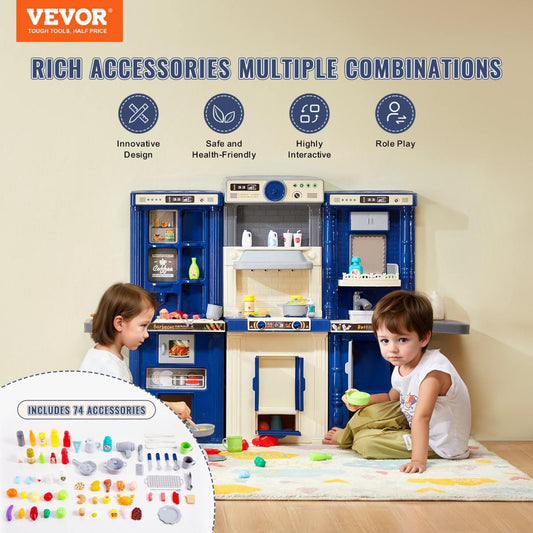 Christmas Gift VEVOR Kitchen Playset Kids Pretend Cooking Play Toy 74 Piece Accessories Blue