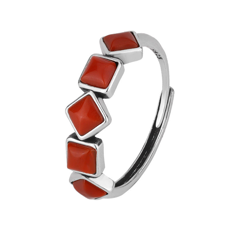 S925 Sterling Silver Vintage Fashion Natural South Red Agate Ring