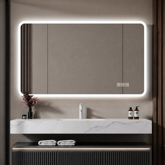 60x100cm LED Bathroom Mirror With Frosted Glass Rim, Front Lighting, Anti-fog, 3 Light Colours, Infinitely Dimmable, Memory Function, Horizontal & Vertical Mountable, IP44 Waterproof