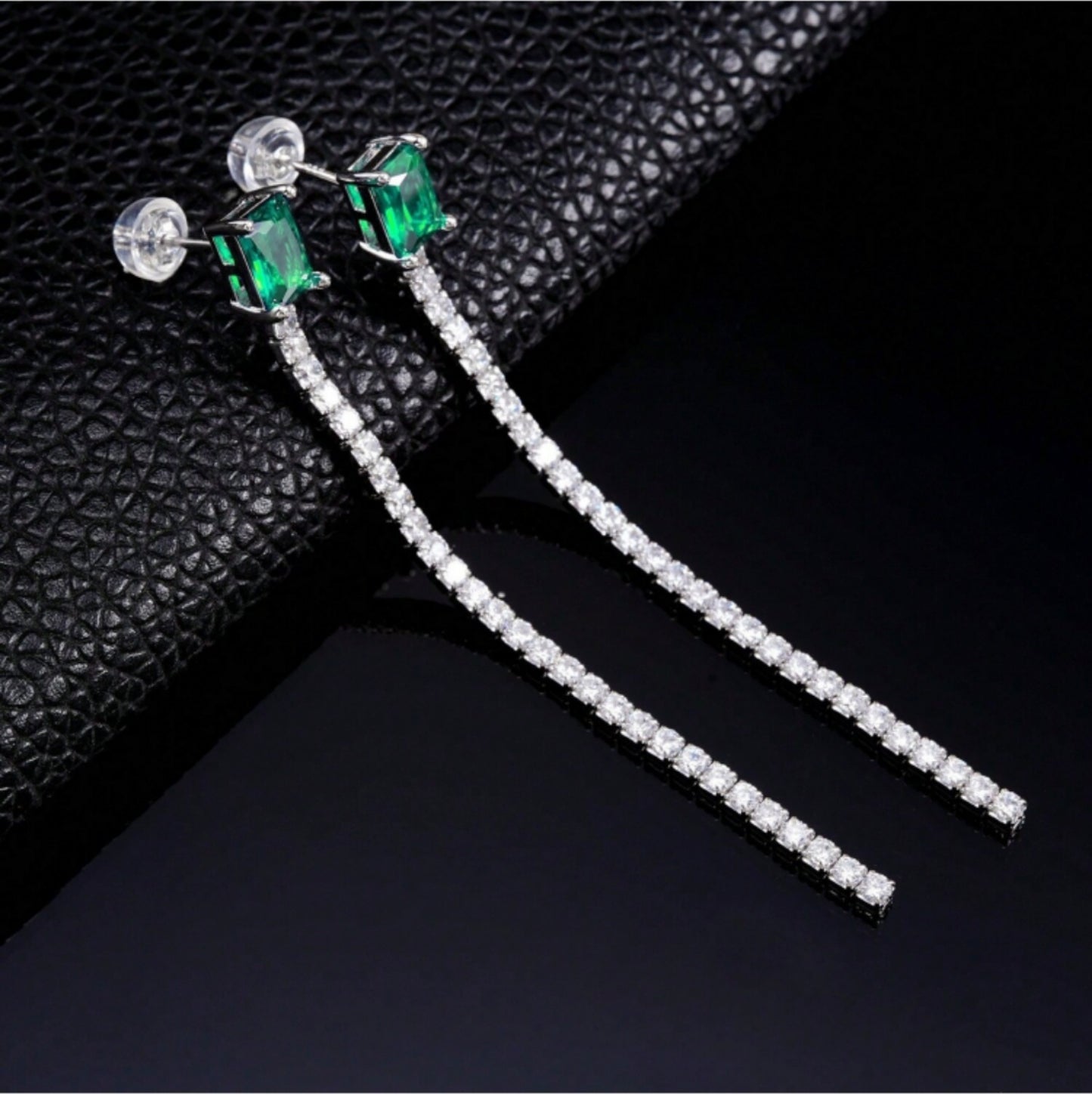 S925 Sterling Silver Lab-Grown Emerald Drop Earrings, 7x5mm Square Cut With Pave Chain, Platinum Plated 4.2g Women's Jewelry Gift Box