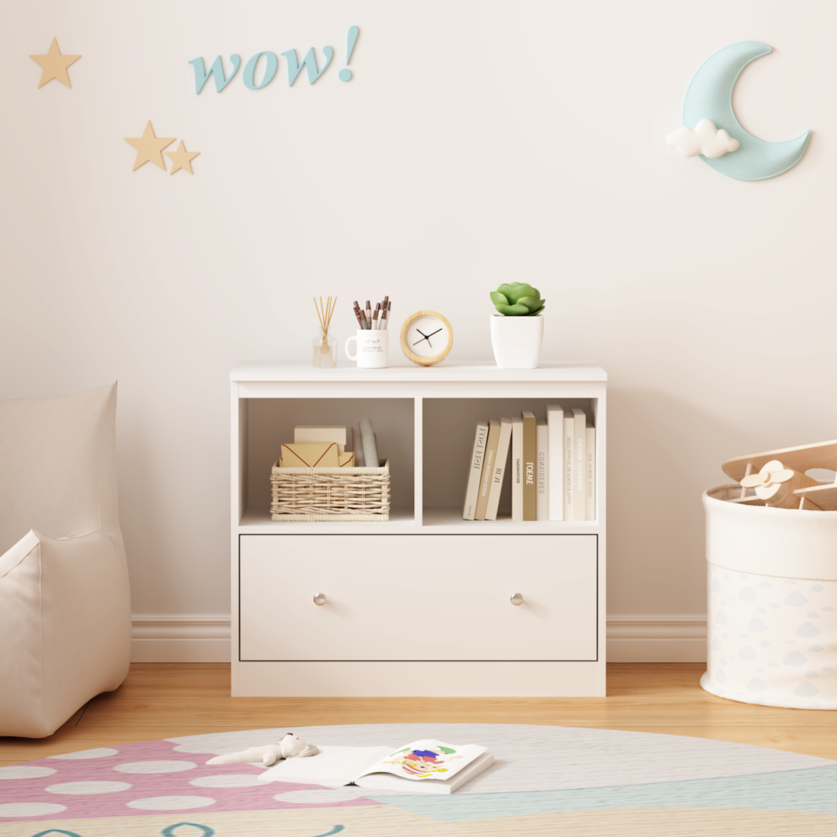 Kids Toy Storage Organizer With Large Drawer, Low Bookshelf For Nursery & Playroom, Wooden Kids Cabinet For Books And Toys, White