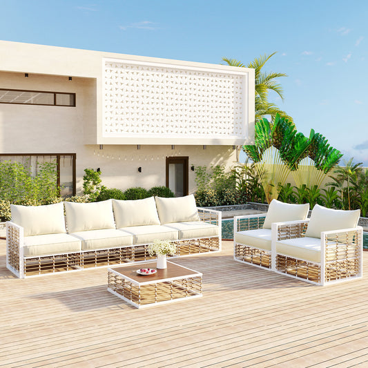 TOPMAX Modern Minimalist 7-Piece Metal Patio Sectional Sofa Set, All-Weather Garden Conversational Furniture Set With Thick Cushions And Coffee Table For Indoor Outdoor, White