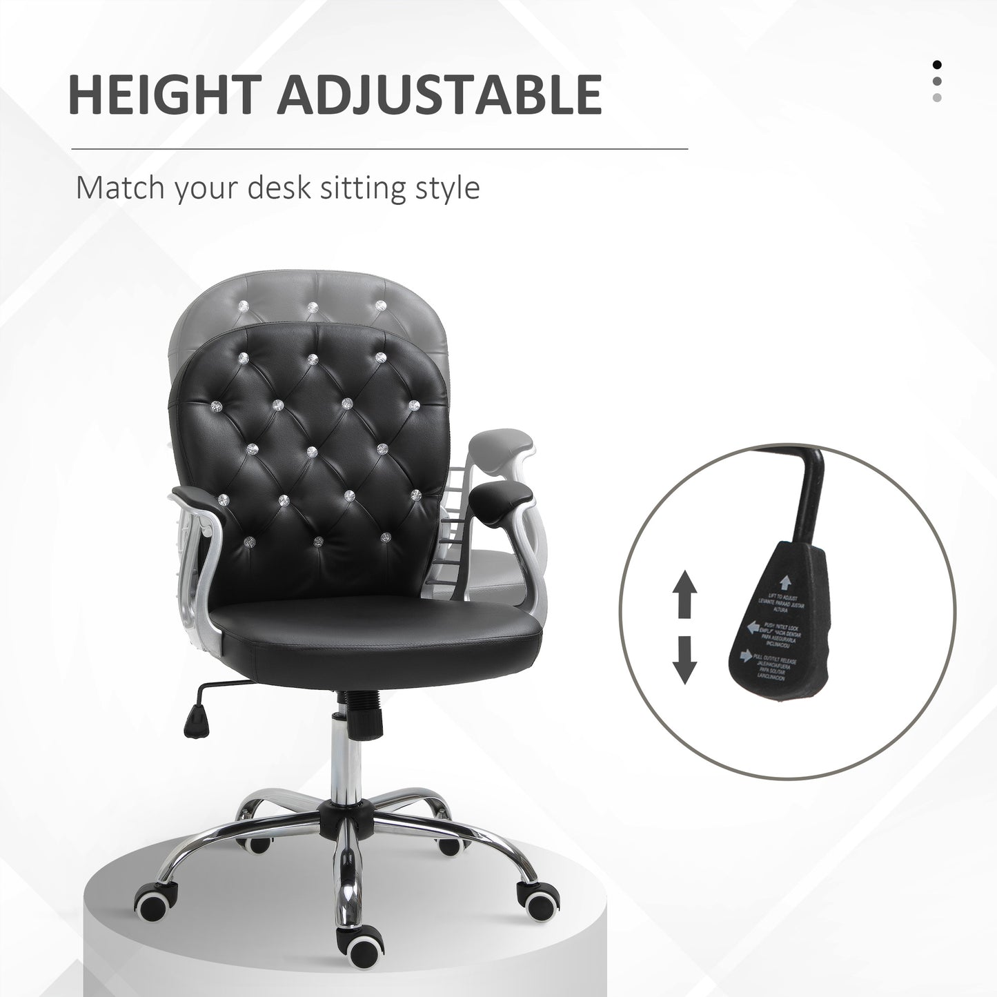 Makeup Vanity Chair, PU Leather Computer Task Chair with Button Tufted, Padded Armrests, Adjustable Height and Swivel Wheels, Black
