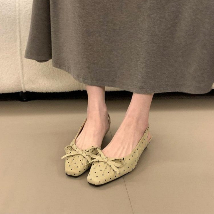 Women 2026 New French Polka Dot Square Toe Mid Heel Single Strap High Heels, Bow Thick Heel Pumps Closed Toe Sandals
