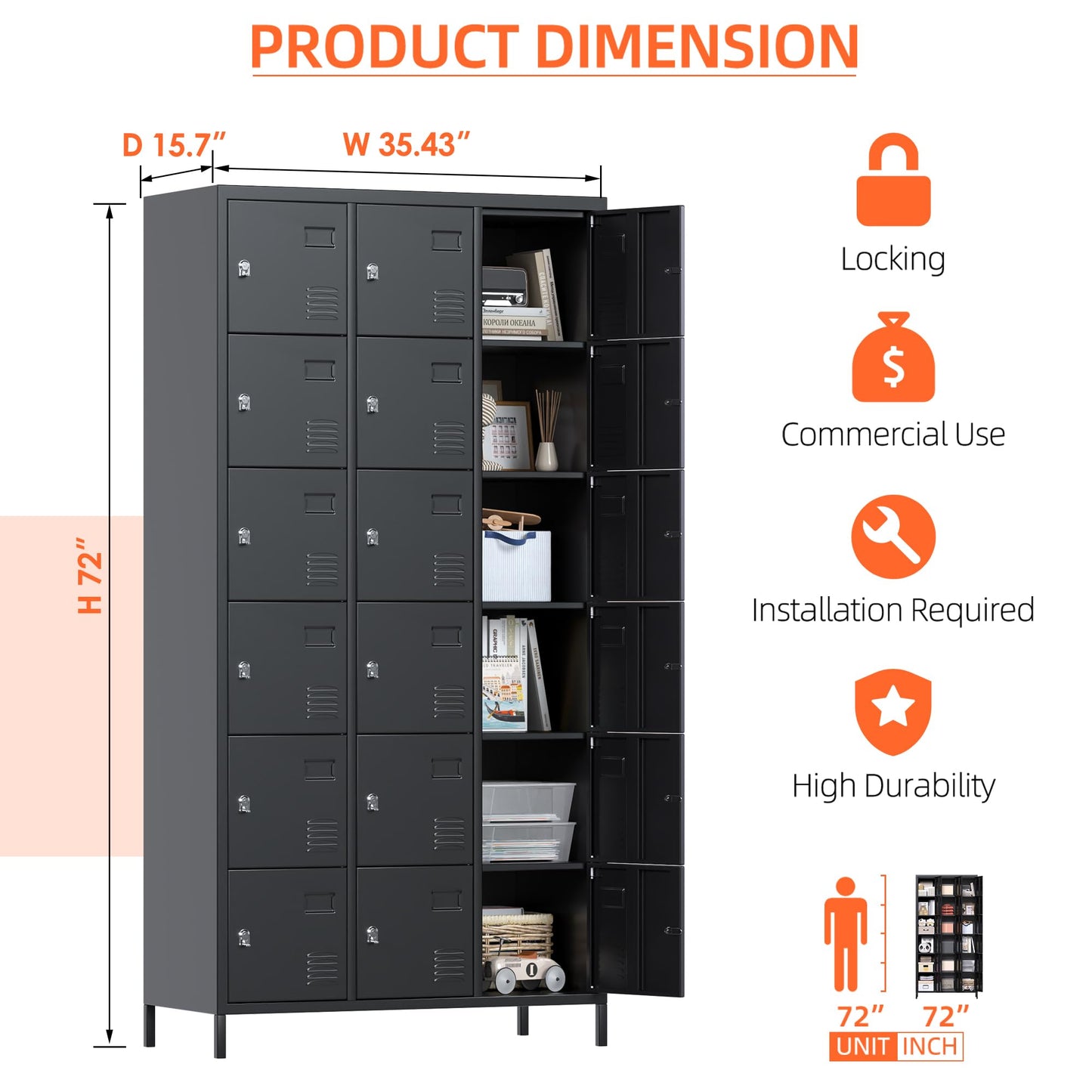 Lockers For Employees, 18 Doors Metal Storage Locker With Card Slot And Ventilation Holes For Office Home School Gym Garage, Black, Assembly Required